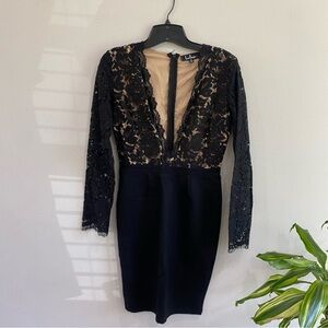 Lulu's Black Lace-Overlay Mini Dress with Nude Lining